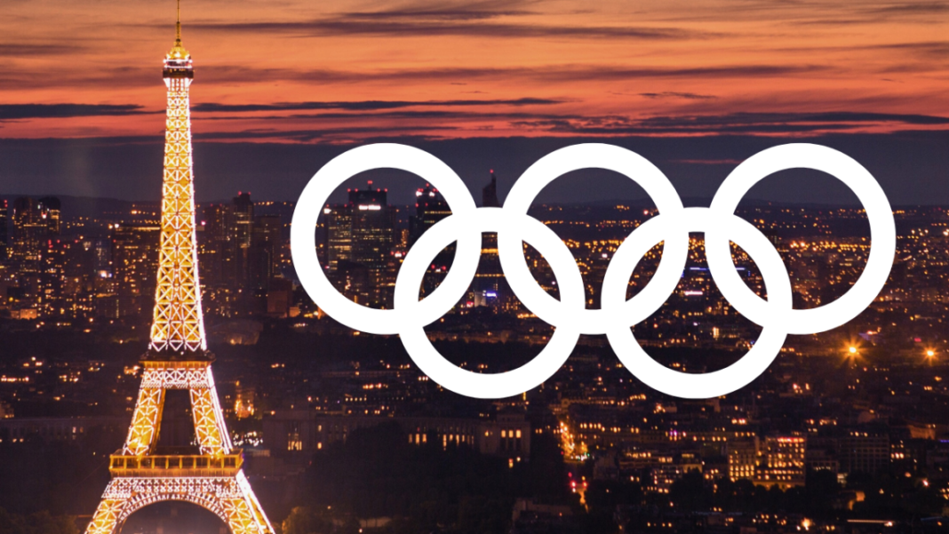 Paris 2024 Olympics countdown with iconic Eiffel Tower and athletes in action.