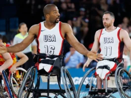 Players competing in wheelchair basketball at the Paris 2024 Paralympics