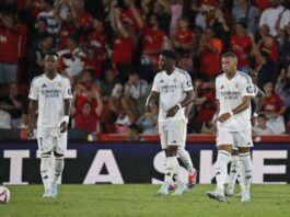 "Real Madrid players celebrate a 3-0 victory over Valladolid in La Liga 2024-25, with goals from Valverde, Brahim Diaz, and Endrick