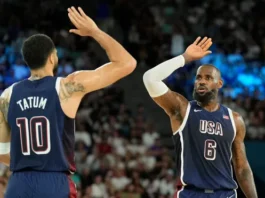 USA basketball team defeating Brazil 122-87 in the 2024 quarter-finals.