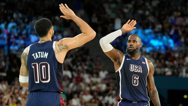 USA basketball team defeating Brazil 122-87 in the 2024 quarter-finals.