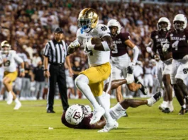 Notre Dame running back Jeremiyah Love scoring a touchdown against Texas A&M in the 2024 season opener