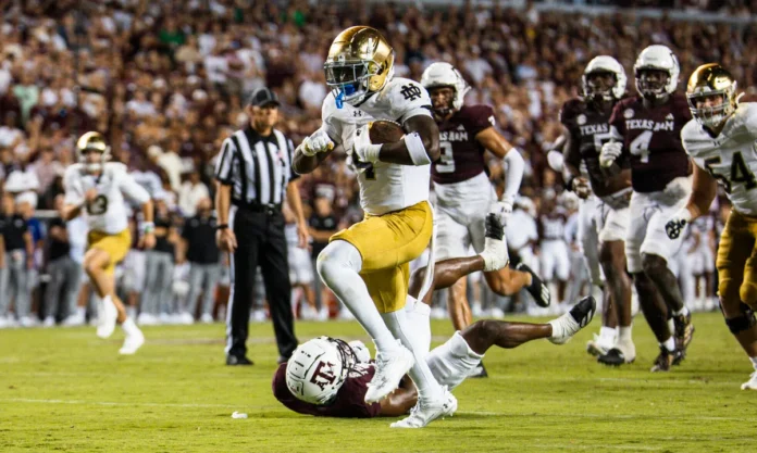 Notre Dame running back Jeremiyah Love scoring a touchdown against Texas A&M in the 2024 season opener